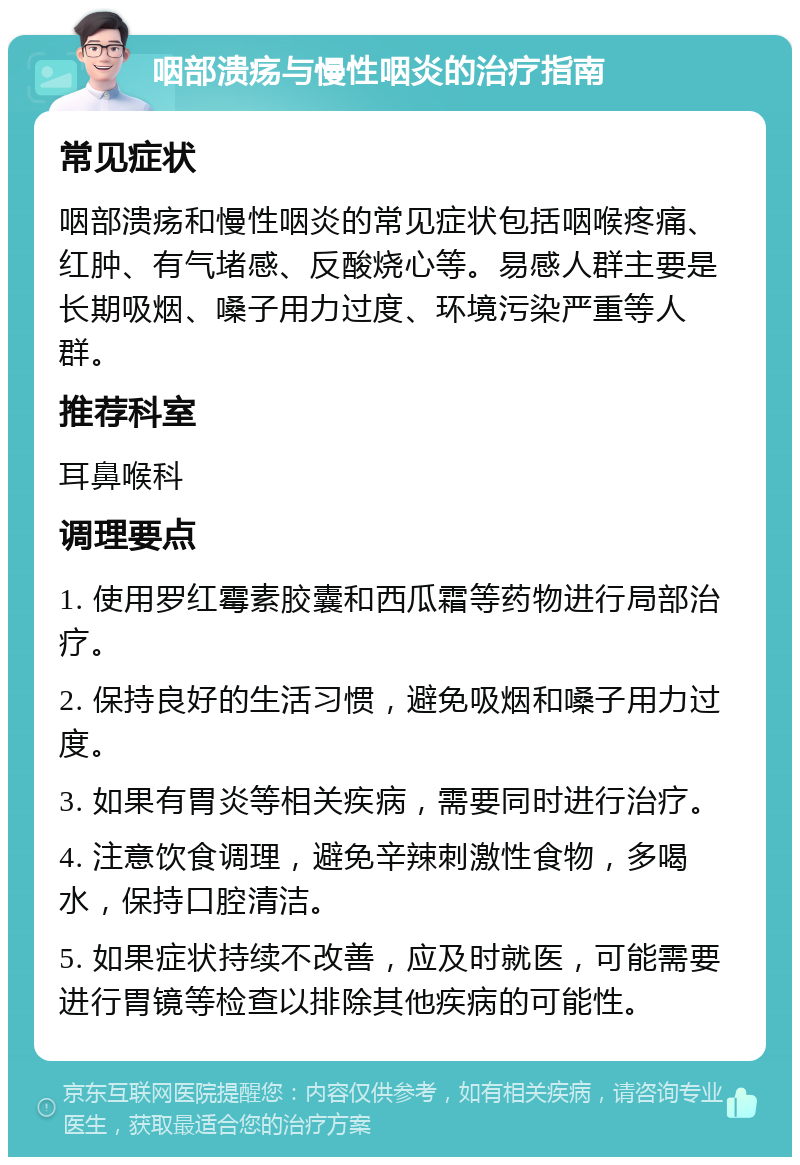 咽部溃疡与慢性咽炎的治疗指南 常见症状 咽部溃疡和慢性咽炎的常见症状包括咽喉疼痛、红肿、有气堵感、反酸烧心等。易感人群主要是长期吸烟、嗓子用力过度、环境污染严重等人群。 推荐科室 耳鼻喉科 调理要点 1. 使用罗红霉素胶囊和西瓜霜等药物进行局部治疗。 2. 保持良好的生活习惯，避免吸烟和嗓子用力过度。 3. 如果有胃炎等相关疾病，需要同时进行治疗。 4. 注意饮食调理，避免辛辣刺激性食物，多喝水，保持口腔清洁。 5. 如果症状持续不改善，应及时就医，可能需要进行胃镜等检查以排除其他疾病的可能性。