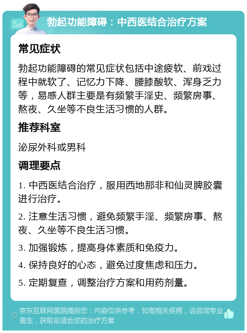 勃起功能障碍：中西医结合治疗方案 常见症状 勃起功能障碍的常见症状包括中途疲软、前戏过程中就软了、记忆力下降、腰膝酸软、浑身乏力等，易感人群主要是有频繁手淫史、频繁房事、熬夜、久坐等不良生活习惯的人群。 推荐科室 泌尿外科或男科 调理要点 1. 中西医结合治疗，服用西地那非和仙灵脾胶囊进行治疗。 2. 注意生活习惯，避免频繁手淫、频繁房事、熬夜、久坐等不良生活习惯。 3. 加强锻炼，提高身体素质和免疫力。 4. 保持良好的心态，避免过度焦虑和压力。 5. 定期复查，调整治疗方案和用药剂量。