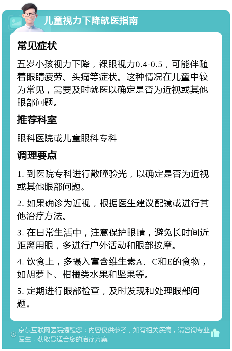 儿童视力下降就医指南 常见症状 五岁小孩视力下降，裸眼视力0.4-0.5，可能伴随着眼睛疲劳、头痛等症状。这种情况在儿童中较为常见，需要及时就医以确定是否为近视或其他眼部问题。 推荐科室 眼科医院或儿童眼科专科 调理要点 1. 到医院专科进行散瞳验光，以确定是否为近视或其他眼部问题。 2. 如果确诊为近视，根据医生建议配镜或进行其他治疗方法。 3. 在日常生活中，注意保护眼睛，避免长时间近距离用眼，多进行户外活动和眼部按摩。 4. 饮食上，多摄入富含维生素A、C和E的食物，如胡萝卜、柑橘类水果和坚果等。 5. 定期进行眼部检查，及时发现和处理眼部问题。