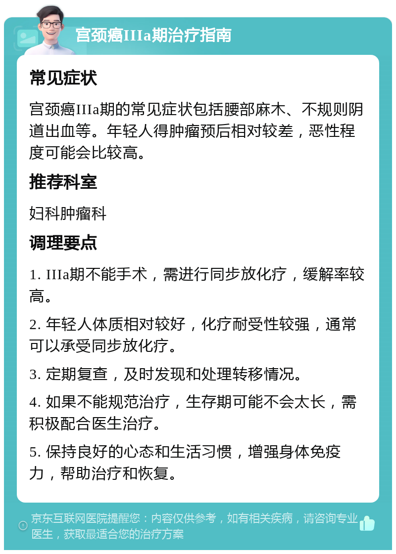 宫颈癌IIIa期治疗指南 常见症状 宫颈癌IIIa期的常见症状包括腰部麻木、不规则阴道出血等。年轻人得肿瘤预后相对较差，恶性程度可能会比较高。 推荐科室 妇科肿瘤科 调理要点 1. IIIa期不能手术，需进行同步放化疗，缓解率较高。 2. 年轻人体质相对较好，化疗耐受性较强，通常可以承受同步放化疗。 3. 定期复查，及时发现和处理转移情况。 4. 如果不能规范治疗，生存期可能不会太长，需积极配合医生治疗。 5. 保持良好的心态和生活习惯，增强身体免疫力，帮助治疗和恢复。