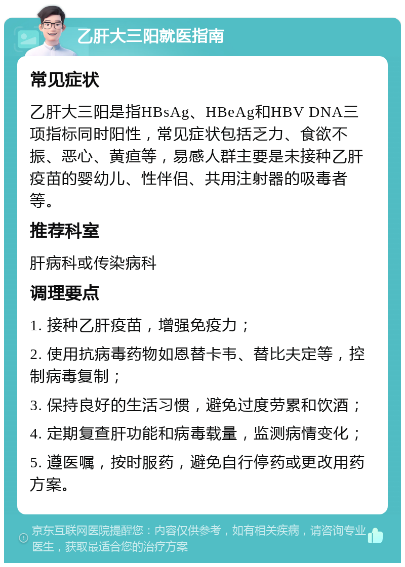 乙肝大三阳就医指南 常见症状 乙肝大三阳是指HBsAg、HBeAg和HBV DNA三项指标同时阳性，常见症状包括乏力、食欲不振、恶心、黄疸等，易感人群主要是未接种乙肝疫苗的婴幼儿、性伴侣、共用注射器的吸毒者等。 推荐科室 肝病科或传染病科 调理要点 1. 接种乙肝疫苗，增强免疫力； 2. 使用抗病毒药物如恩替卡韦、替比夫定等，控制病毒复制； 3. 保持良好的生活习惯，避免过度劳累和饮酒； 4. 定期复查肝功能和病毒载量，监测病情变化； 5. 遵医嘱，按时服药，避免自行停药或更改用药方案。