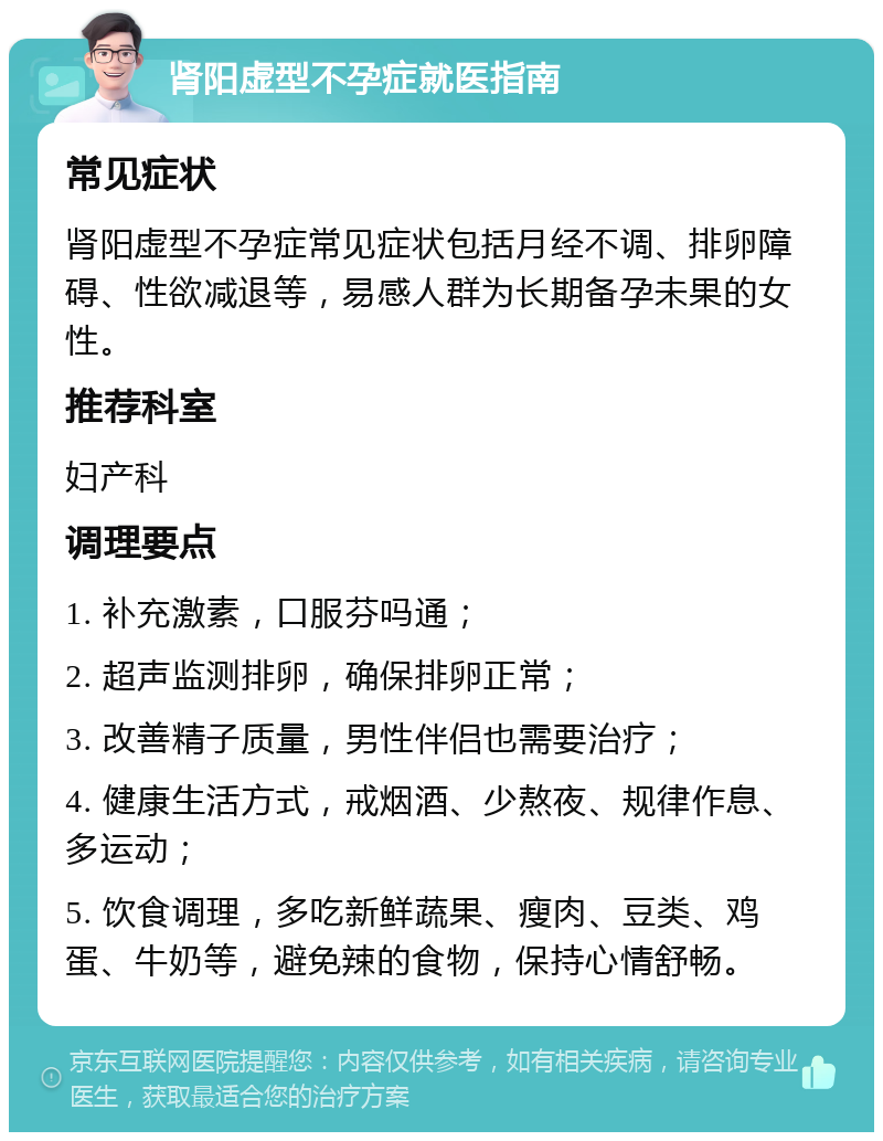 肾阳虚型不孕症就医指南 常见症状 肾阳虚型不孕症常见症状包括月经不调、排卵障碍、性欲减退等，易感人群为长期备孕未果的女性。 推荐科室 妇产科 调理要点 1. 补充激素，口服芬吗通； 2. 超声监测排卵，确保排卵正常； 3. 改善精子质量，男性伴侣也需要治疗； 4. 健康生活方式，戒烟酒、少熬夜、规律作息、多运动； 5. 饮食调理，多吃新鲜蔬果、瘦肉、豆类、鸡蛋、牛奶等，避免辣的食物，保持心情舒畅。