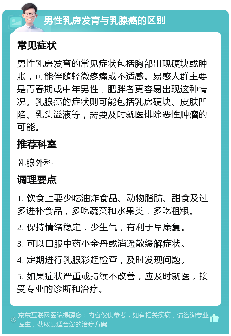 男性乳房发育与乳腺癌的区别 常见症状 男性乳房发育的常见症状包括胸部出现硬块或肿胀，可能伴随轻微疼痛或不适感。易感人群主要是青春期或中年男性，肥胖者更容易出现这种情况。乳腺癌的症状则可能包括乳房硬块、皮肤凹陷、乳头溢液等，需要及时就医排除恶性肿瘤的可能。 推荐科室 乳腺外科 调理要点 1. 饮食上要少吃油炸食品、动物脂肪、甜食及过多进补食品，多吃蔬菜和水果类，多吃粗粮。 2. 保持情绪稳定，少生气，有利于早康复。 3. 可以口服中药小金丹或消遥散缓解症状。 4. 定期进行乳腺彩超检查，及时发现问题。 5. 如果症状严重或持续不改善，应及时就医，接受专业的诊断和治疗。