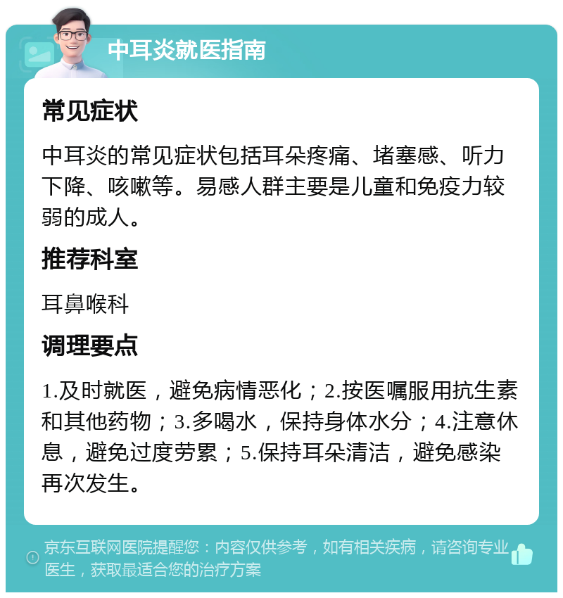 中耳炎就医指南 常见症状 中耳炎的常见症状包括耳朵疼痛、堵塞感、听力下降、咳嗽等。易感人群主要是儿童和免疫力较弱的成人。 推荐科室 耳鼻喉科 调理要点 1.及时就医，避免病情恶化；2.按医嘱服用抗生素和其他药物；3.多喝水，保持身体水分；4.注意休息，避免过度劳累；5.保持耳朵清洁，避免感染再次发生。