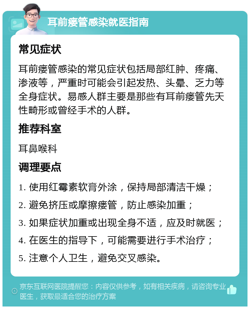 耳前瘘管感染就医指南 常见症状 耳前瘘管感染的常见症状包括局部红肿、疼痛、渗液等，严重时可能会引起发热、头晕、乏力等全身症状。易感人群主要是那些有耳前瘘管先天性畸形或曾经手术的人群。 推荐科室 耳鼻喉科 调理要点 1. 使用红霉素软膏外涂，保持局部清洁干燥； 2. 避免挤压或摩擦瘘管，防止感染加重； 3. 如果症状加重或出现全身不适，应及时就医； 4. 在医生的指导下，可能需要进行手术治疗； 5. 注意个人卫生，避免交叉感染。