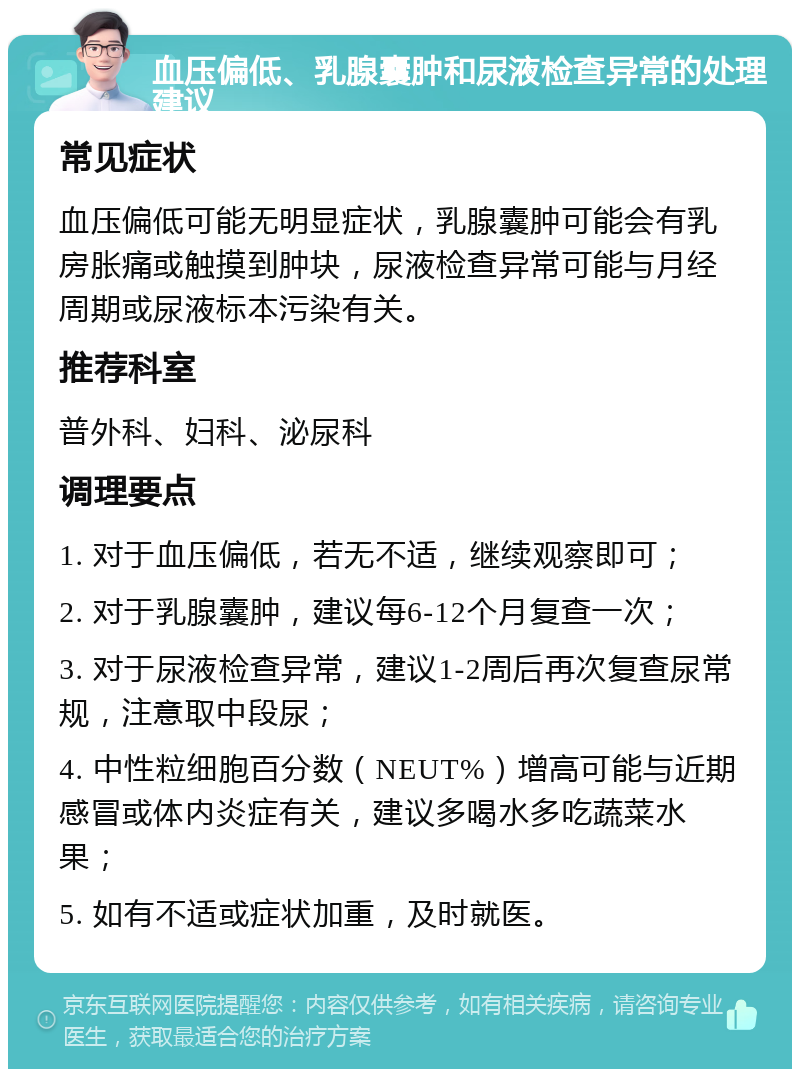 血压偏低、乳腺囊肿和尿液检查异常的处理建议 常见症状 血压偏低可能无明显症状，乳腺囊肿可能会有乳房胀痛或触摸到肿块，尿液检查异常可能与月经周期或尿液标本污染有关。 推荐科室 普外科、妇科、泌尿科 调理要点 1. 对于血压偏低，若无不适，继续观察即可； 2. 对于乳腺囊肿，建议每6-12个月复查一次； 3. 对于尿液检查异常，建议1-2周后再次复查尿常规，注意取中段尿； 4. 中性粒细胞百分数（NEUT%）增高可能与近期感冒或体内炎症有关，建议多喝水多吃蔬菜水果； 5. 如有不适或症状加重，及时就医。