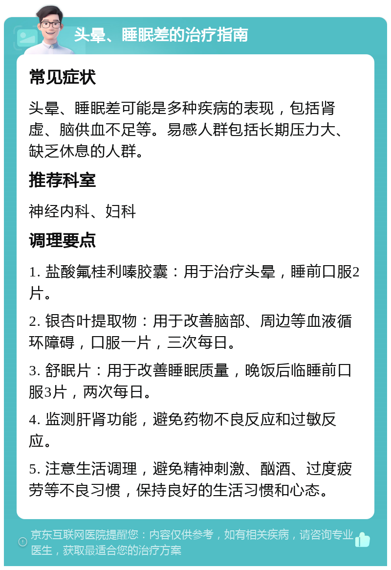 头晕、睡眠差的治疗指南 常见症状 头晕、睡眠差可能是多种疾病的表现，包括肾虚、脑供血不足等。易感人群包括长期压力大、缺乏休息的人群。 推荐科室 神经内科、妇科 调理要点 1. 盐酸氟桂利嗪胶囊：用于治疗头晕，睡前口服2片。 2. 银杏叶提取物：用于改善脑部、周边等血液循环障碍，口服一片，三次每日。 3. 舒眠片：用于改善睡眠质量，晚饭后临睡前口服3片，两次每日。 4. 监测肝肾功能，避免药物不良反应和过敏反应。 5. 注意生活调理，避免精神刺激、酗酒、过度疲劳等不良习惯，保持良好的生活习惯和心态。