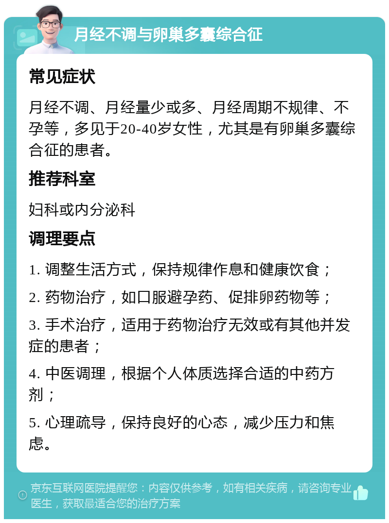 月经不调与卵巢多囊综合征 常见症状 月经不调、月经量少或多、月经周期不规律、不孕等，多见于20-40岁女性，尤其是有卵巢多囊综合征的患者。 推荐科室 妇科或内分泌科 调理要点 1. 调整生活方式，保持规律作息和健康饮食； 2. 药物治疗，如口服避孕药、促排卵药物等； 3. 手术治疗，适用于药物治疗无效或有其他并发症的患者； 4. 中医调理，根据个人体质选择合适的中药方剂； 5. 心理疏导，保持良好的心态，减少压力和焦虑。