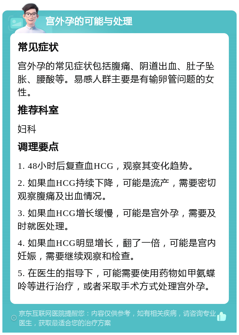 宫外孕的可能与处理 常见症状 宫外孕的常见症状包括腹痛、阴道出血、肚子坠胀、腰酸等。易感人群主要是有输卵管问题的女性。 推荐科室 妇科 调理要点 1. 48小时后复查血HCG，观察其变化趋势。 2. 如果血HCG持续下降，可能是流产，需要密切观察腹痛及出血情况。 3. 如果血HCG增长缓慢，可能是宫外孕，需要及时就医处理。 4. 如果血HCG明显增长，翻了一倍，可能是宫内妊娠，需要继续观察和检查。 5. 在医生的指导下，可能需要使用药物如甲氨蝶呤等进行治疗，或者采取手术方式处理宫外孕。