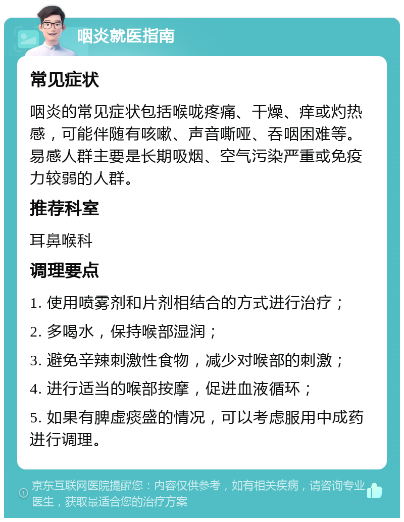 咽炎就医指南 常见症状 咽炎的常见症状包括喉咙疼痛、干燥、痒或灼热感，可能伴随有咳嗽、声音嘶哑、吞咽困难等。易感人群主要是长期吸烟、空气污染严重或免疫力较弱的人群。 推荐科室 耳鼻喉科 调理要点 1. 使用喷雾剂和片剂相结合的方式进行治疗； 2. 多喝水，保持喉部湿润； 3. 避免辛辣刺激性食物，减少对喉部的刺激； 4. 进行适当的喉部按摩，促进血液循环； 5. 如果有脾虚痰盛的情况，可以考虑服用中成药进行调理。