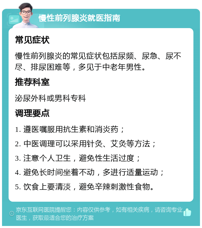 慢性前列腺炎就医指南 常见症状 慢性前列腺炎的常见症状包括尿频、尿急、尿不尽、排尿困难等，多见于中老年男性。 推荐科室 泌尿外科或男科专科 调理要点 1. 遵医嘱服用抗生素和消炎药； 2. 中医调理可以采用针灸、艾灸等方法； 3. 注意个人卫生，避免性生活过度； 4. 避免长时间坐着不动，多进行适量运动； 5. 饮食上要清淡，避免辛辣刺激性食物。