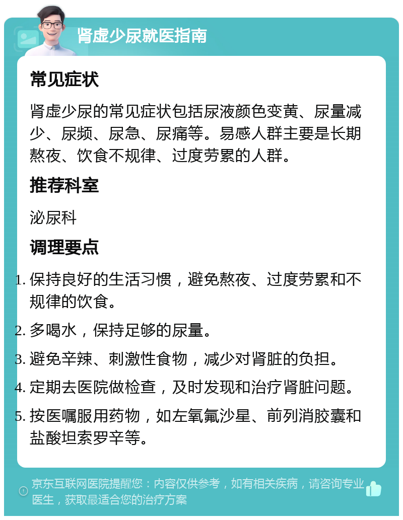 肾虚少尿就医指南 常见症状 肾虚少尿的常见症状包括尿液颜色变黄、尿量减少、尿频、尿急、尿痛等。易感人群主要是长期熬夜、饮食不规律、过度劳累的人群。 推荐科室 泌尿科 调理要点 保持良好的生活习惯，避免熬夜、过度劳累和不规律的饮食。 多喝水，保持足够的尿量。 避免辛辣、刺激性食物，减少对肾脏的负担。 定期去医院做检查，及时发现和治疗肾脏问题。 按医嘱服用药物，如左氧氟沙星、前列消胶囊和盐酸坦索罗辛等。