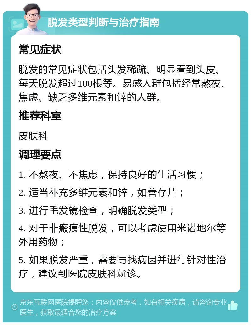 脱发类型判断与治疗指南 常见症状 脱发的常见症状包括头发稀疏、明显看到头皮、每天脱发超过100根等。易感人群包括经常熬夜、焦虑、缺乏多维元素和锌的人群。 推荐科室 皮肤科 调理要点 1. 不熬夜、不焦虑，保持良好的生活习惯； 2. 适当补充多维元素和锌，如善存片； 3. 进行毛发镜检查，明确脱发类型； 4. 对于非瘢痕性脱发，可以考虑使用米诺地尔等外用药物； 5. 如果脱发严重，需要寻找病因并进行针对性治疗，建议到医院皮肤科就诊。