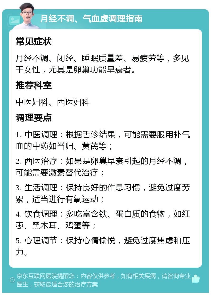 月经不调、气血虚调理指南 常见症状 月经不调、闭经、睡眠质量差、易疲劳等，多见于女性，尤其是卵巢功能早衰者。 推荐科室 中医妇科、西医妇科 调理要点 1. 中医调理：根据舌诊结果，可能需要服用补气血的中药如当归、黄芪等； 2. 西医治疗：如果是卵巢早衰引起的月经不调，可能需要激素替代治疗； 3. 生活调理：保持良好的作息习惯，避免过度劳累，适当进行有氧运动； 4. 饮食调理：多吃富含铁、蛋白质的食物，如红枣、黑木耳、鸡蛋等； 5. 心理调节：保持心情愉悦，避免过度焦虑和压力。