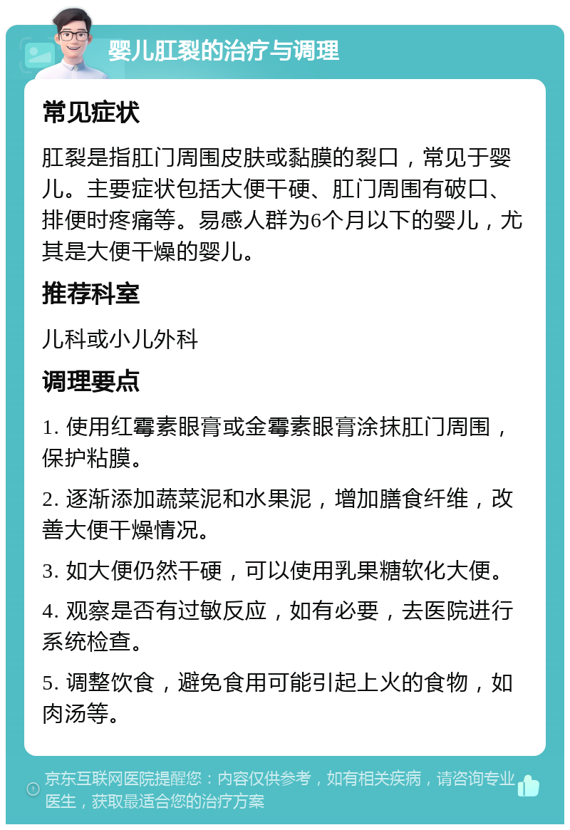 婴儿肛裂的治疗与调理 常见症状 肛裂是指肛门周围皮肤或黏膜的裂口，常见于婴儿。主要症状包括大便干硬、肛门周围有破口、排便时疼痛等。易感人群为6个月以下的婴儿，尤其是大便干燥的婴儿。 推荐科室 儿科或小儿外科 调理要点 1. 使用红霉素眼膏或金霉素眼膏涂抹肛门周围，保护粘膜。 2. 逐渐添加蔬菜泥和水果泥，增加膳食纤维，改善大便干燥情况。 3. 如大便仍然干硬，可以使用乳果糖软化大便。 4. 观察是否有过敏反应，如有必要，去医院进行系统检查。 5. 调整饮食，避免食用可能引起上火的食物，如肉汤等。