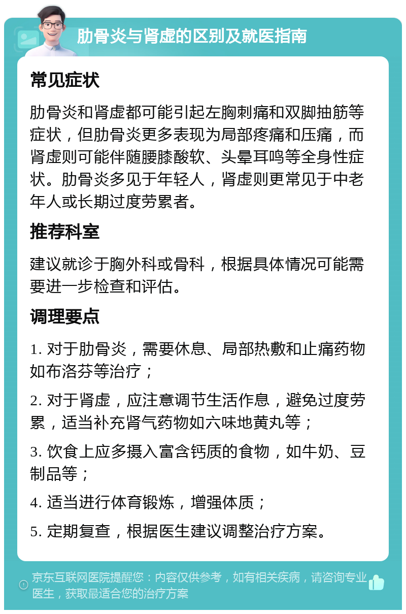 肋骨炎与肾虚的区别及就医指南 常见症状 肋骨炎和肾虚都可能引起左胸刺痛和双脚抽筋等症状，但肋骨炎更多表现为局部疼痛和压痛，而肾虚则可能伴随腰膝酸软、头晕耳鸣等全身性症状。肋骨炎多见于年轻人，肾虚则更常见于中老年人或长期过度劳累者。 推荐科室 建议就诊于胸外科或骨科，根据具体情况可能需要进一步检查和评估。 调理要点 1. 对于肋骨炎，需要休息、局部热敷和止痛药物如布洛芬等治疗； 2. 对于肾虚，应注意调节生活作息，避免过度劳累，适当补充肾气药物如六味地黄丸等； 3. 饮食上应多摄入富含钙质的食物，如牛奶、豆制品等； 4. 适当进行体育锻炼，增强体质； 5. 定期复查，根据医生建议调整治疗方案。