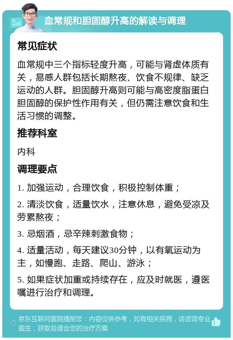 血常规和胆固醇升高的解读与调理 常见症状 血常规中三个指标轻度升高，可能与肾虚体质有关，易感人群包括长期熬夜、饮食不规律、缺乏运动的人群。胆固醇升高则可能与高密度脂蛋白胆固醇的保护性作用有关，但仍需注意饮食和生活习惯的调整。 推荐科室 内科 调理要点 1. 加强运动，合理饮食，积极控制体重； 2. 清淡饮食，适量饮水，注意休息，避免受凉及劳累熬夜； 3. 忌烟酒，忌辛辣刺激食物； 4. 适量活动，每天建议30分钟，以有氧运动为主，如慢跑、走路、爬山、游泳； 5. 如果症状加重或持续存在，应及时就医，遵医嘱进行治疗和调理。