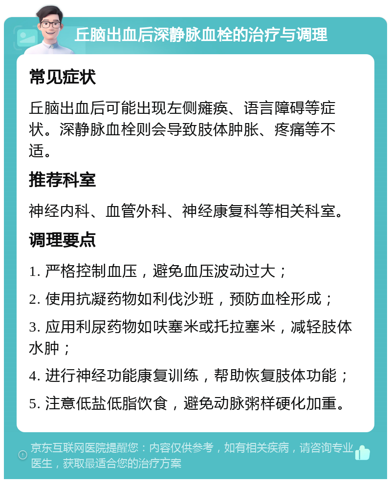 丘脑出血后深静脉血栓的治疗与调理 常见症状 丘脑出血后可能出现左侧瘫痪、语言障碍等症状。深静脉血栓则会导致肢体肿胀、疼痛等不适。 推荐科室 神经内科、血管外科、神经康复科等相关科室。 调理要点 1. 严格控制血压，避免血压波动过大； 2. 使用抗凝药物如利伐沙班，预防血栓形成； 3. 应用利尿药物如呋塞米或托拉塞米，减轻肢体水肿； 4. 进行神经功能康复训练，帮助恢复肢体功能； 5. 注意低盐低脂饮食，避免动脉粥样硬化加重。