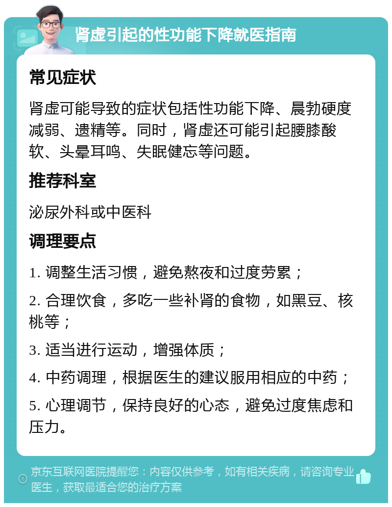 肾虚引起的性功能下降就医指南 常见症状 肾虚可能导致的症状包括性功能下降、晨勃硬度减弱、遗精等。同时，肾虚还可能引起腰膝酸软、头晕耳鸣、失眠健忘等问题。 推荐科室 泌尿外科或中医科 调理要点 1. 调整生活习惯，避免熬夜和过度劳累； 2. 合理饮食，多吃一些补肾的食物，如黑豆、核桃等； 3. 适当进行运动，增强体质； 4. 中药调理，根据医生的建议服用相应的中药； 5. 心理调节，保持良好的心态，避免过度焦虑和压力。