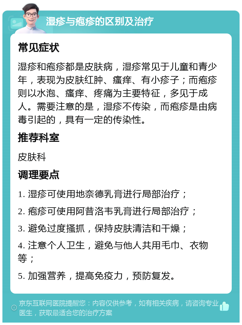 湿疹与疱疹的区别及治疗 常见症状 湿疹和疱疹都是皮肤病，湿疹常见于儿童和青少年，表现为皮肤红肿、瘙痒、有小疹子；而疱疹则以水泡、瘙痒、疼痛为主要特征，多见于成人。需要注意的是，湿疹不传染，而疱疹是由病毒引起的，具有一定的传染性。 推荐科室 皮肤科 调理要点 1. 湿疹可使用地奈德乳膏进行局部治疗； 2. 疱疹可使用阿昔洛韦乳膏进行局部治疗； 3. 避免过度搔抓，保持皮肤清洁和干燥； 4. 注意个人卫生，避免与他人共用毛巾、衣物等； 5. 加强营养，提高免疫力，预防复发。