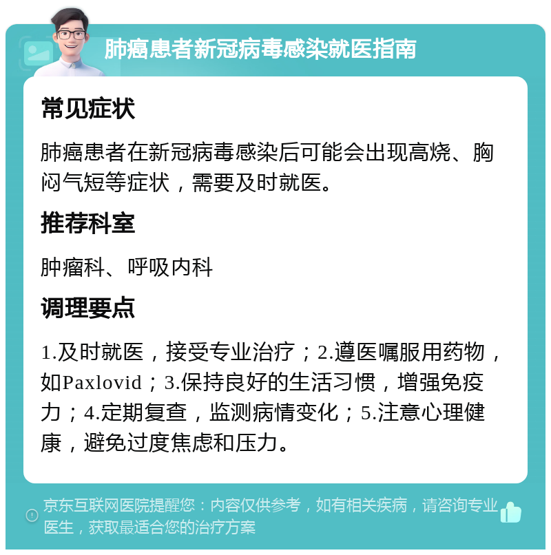 肺癌患者新冠病毒感染就医指南 常见症状 肺癌患者在新冠病毒感染后可能会出现高烧、胸闷气短等症状，需要及时就医。 推荐科室 肿瘤科、呼吸内科 调理要点 1.及时就医，接受专业治疗；2.遵医嘱服用药物，如Paxlovid；3.保持良好的生活习惯，增强免疫力；4.定期复查，监测病情变化；5.注意心理健康，避免过度焦虑和压力。