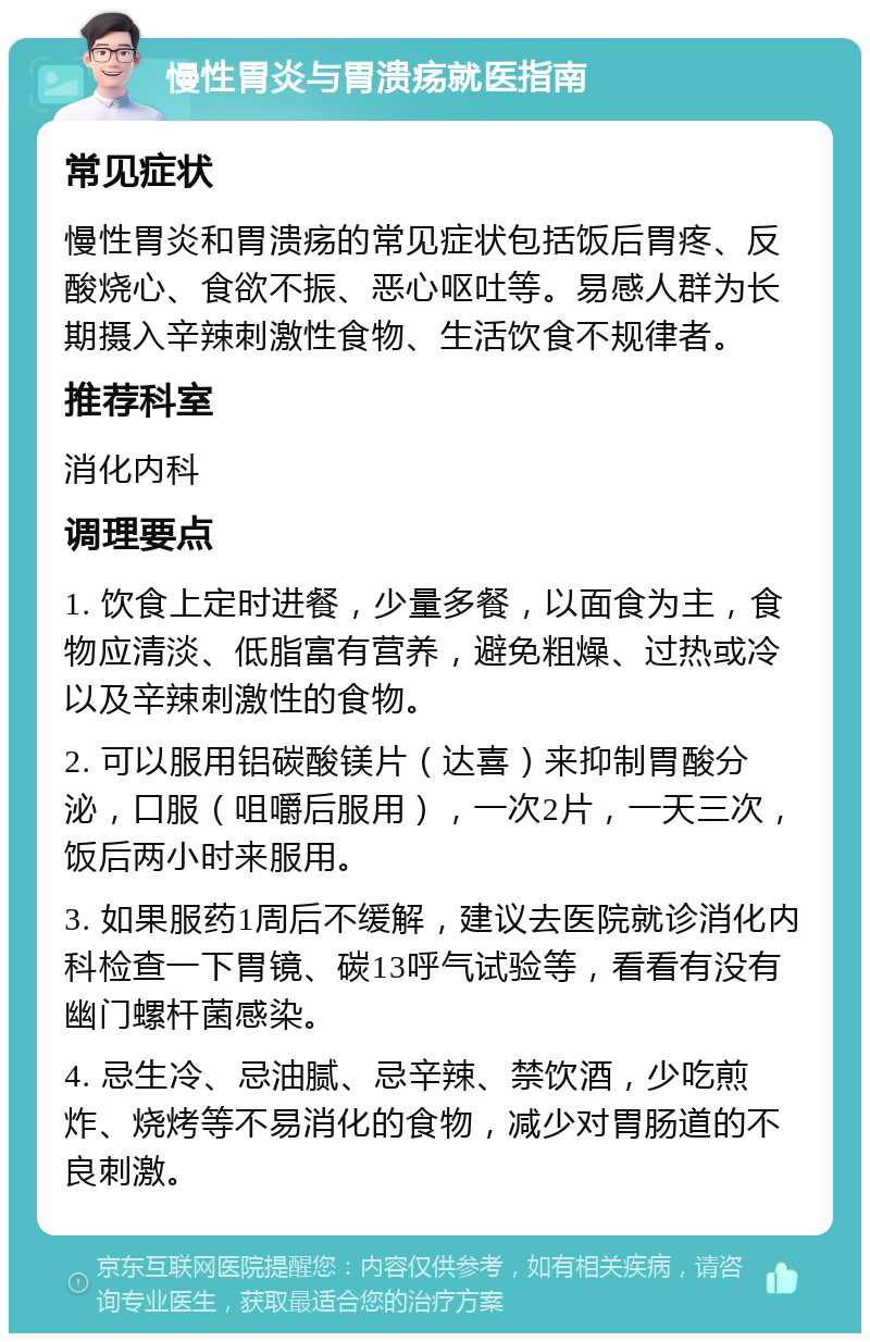 慢性胃炎与胃溃疡就医指南 常见症状 慢性胃炎和胃溃疡的常见症状包括饭后胃疼、反酸烧心、食欲不振、恶心呕吐等。易感人群为长期摄入辛辣刺激性食物、生活饮食不规律者。 推荐科室 消化内科 调理要点 1. 饮食上定时进餐，少量多餐，以面食为主，食物应清淡、低脂富有营养，避免粗燥、过热或冷以及辛辣刺激性的食物。 2. 可以服用铝碳酸镁片（达喜）来抑制胃酸分泌，口服（咀嚼后服用），一次2片，一天三次，饭后两小时来服用。 3. 如果服药1周后不缓解，建议去医院就诊消化内科检查一下胃镜、碳13呼气试验等，看看有没有幽门螺杆菌感染。 4. 忌生冷、忌油腻、忌辛辣、禁饮酒，少吃煎炸、烧烤等不易消化的食物，减少对胃肠道的不良刺激。