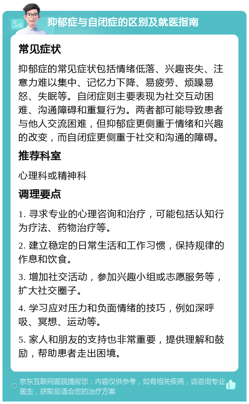 抑郁症与自闭症的区别及就医指南 常见症状 抑郁症的常见症状包括情绪低落、兴趣丧失、注意力难以集中、记忆力下降、易疲劳、烦躁易怒、失眠等。自闭症则主要表现为社交互动困难、沟通障碍和重复行为。两者都可能导致患者与他人交流困难，但抑郁症更侧重于情绪和兴趣的改变，而自闭症更侧重于社交和沟通的障碍。 推荐科室 心理科或精神科 调理要点 1. 寻求专业的心理咨询和治疗，可能包括认知行为疗法、药物治疗等。 2. 建立稳定的日常生活和工作习惯，保持规律的作息和饮食。 3. 增加社交活动，参加兴趣小组或志愿服务等，扩大社交圈子。 4. 学习应对压力和负面情绪的技巧，例如深呼吸、冥想、运动等。 5. 家人和朋友的支持也非常重要，提供理解和鼓励，帮助患者走出困境。