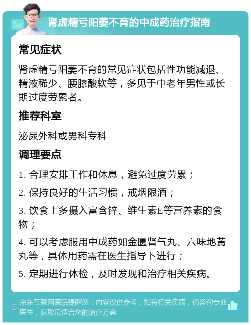 肾虚精亏阳萎不育的中成药治疗指南 常见症状 肾虚精亏阳萎不育的常见症状包括性功能减退、精液稀少、腰膝酸软等，多见于中老年男性或长期过度劳累者。 推荐科室 泌尿外科或男科专科 调理要点 1. 合理安排工作和休息，避免过度劳累； 2. 保持良好的生活习惯，戒烟限酒； 3. 饮食上多摄入富含锌、维生素E等营养素的食物； 4. 可以考虑服用中成药如金匮肾气丸、六味地黄丸等，具体用药需在医生指导下进行； 5. 定期进行体检，及时发现和治疗相关疾病。