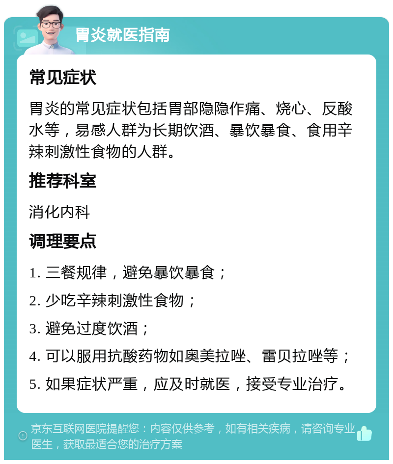 胃炎就医指南 常见症状 胃炎的常见症状包括胃部隐隐作痛、烧心、反酸水等，易感人群为长期饮酒、暴饮暴食、食用辛辣刺激性食物的人群。 推荐科室 消化内科 调理要点 1. 三餐规律，避免暴饮暴食； 2. 少吃辛辣刺激性食物； 3. 避免过度饮酒； 4. 可以服用抗酸药物如奥美拉唑、雷贝拉唑等； 5. 如果症状严重，应及时就医，接受专业治疗。