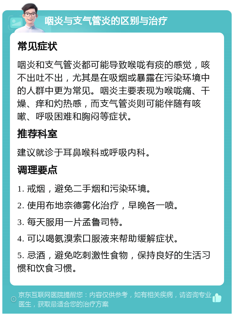 咽炎与支气管炎的区别与治疗 常见症状 咽炎和支气管炎都可能导致喉咙有痰的感觉，咳不出吐不出，尤其是在吸烟或暴露在污染环境中的人群中更为常见。咽炎主要表现为喉咙痛、干燥、痒和灼热感，而支气管炎则可能伴随有咳嗽、呼吸困难和胸闷等症状。 推荐科室 建议就诊于耳鼻喉科或呼吸内科。 调理要点 1. 戒烟，避免二手烟和污染环境。 2. 使用布地奈德雾化治疗，早晚各一喷。 3. 每天服用一片孟鲁司特。 4. 可以喝氨溴索口服液来帮助缓解症状。 5. 忌酒，避免吃刺激性食物，保持良好的生活习惯和饮食习惯。