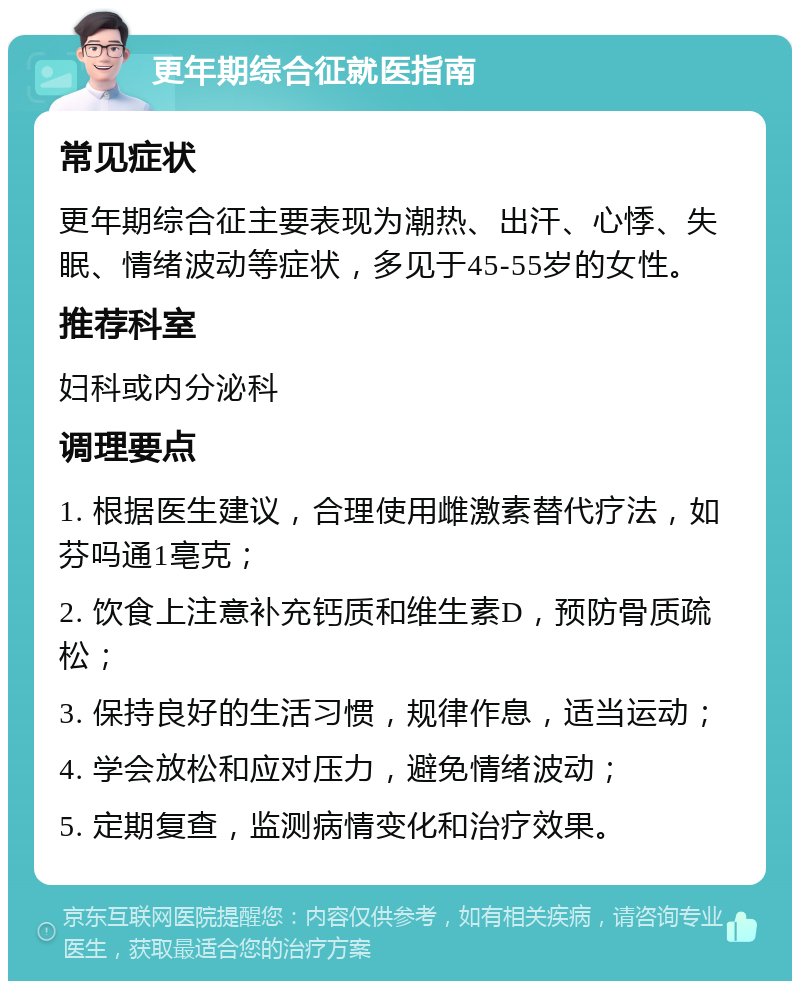 更年期综合征就医指南 常见症状 更年期综合征主要表现为潮热、出汗、心悸、失眠、情绪波动等症状，多见于45-55岁的女性。 推荐科室 妇科或内分泌科 调理要点 1. 根据医生建议，合理使用雌激素替代疗法，如芬吗通1亳克； 2. 饮食上注意补充钙质和维生素D，预防骨质疏松； 3. 保持良好的生活习惯，规律作息，适当运动； 4. 学会放松和应对压力，避免情绪波动； 5. 定期复查，监测病情变化和治疗效果。