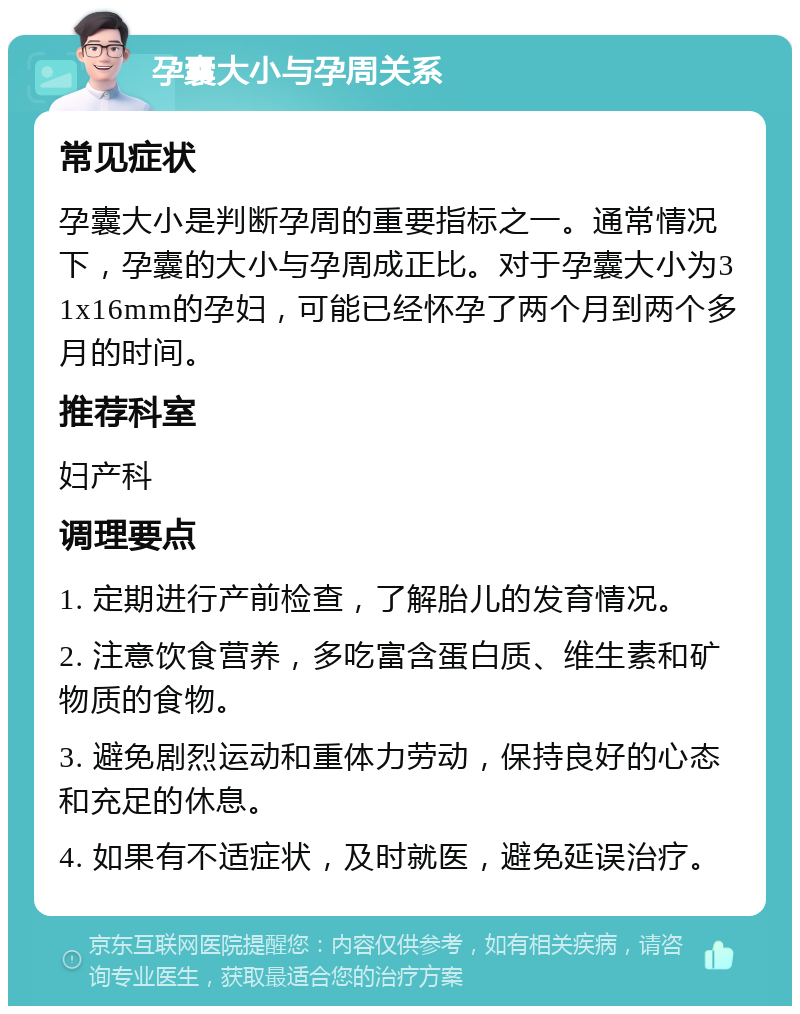 孕囊大小与孕周关系 常见症状 孕囊大小是判断孕周的重要指标之一。通常情况下，孕囊的大小与孕周成正比。对于孕囊大小为31x16mm的孕妇，可能已经怀孕了两个月到两个多月的时间。 推荐科室 妇产科 调理要点 1. 定期进行产前检查，了解胎儿的发育情况。 2. 注意饮食营养，多吃富含蛋白质、维生素和矿物质的食物。 3. 避免剧烈运动和重体力劳动，保持良好的心态和充足的休息。 4. 如果有不适症状，及时就医，避免延误治疗。