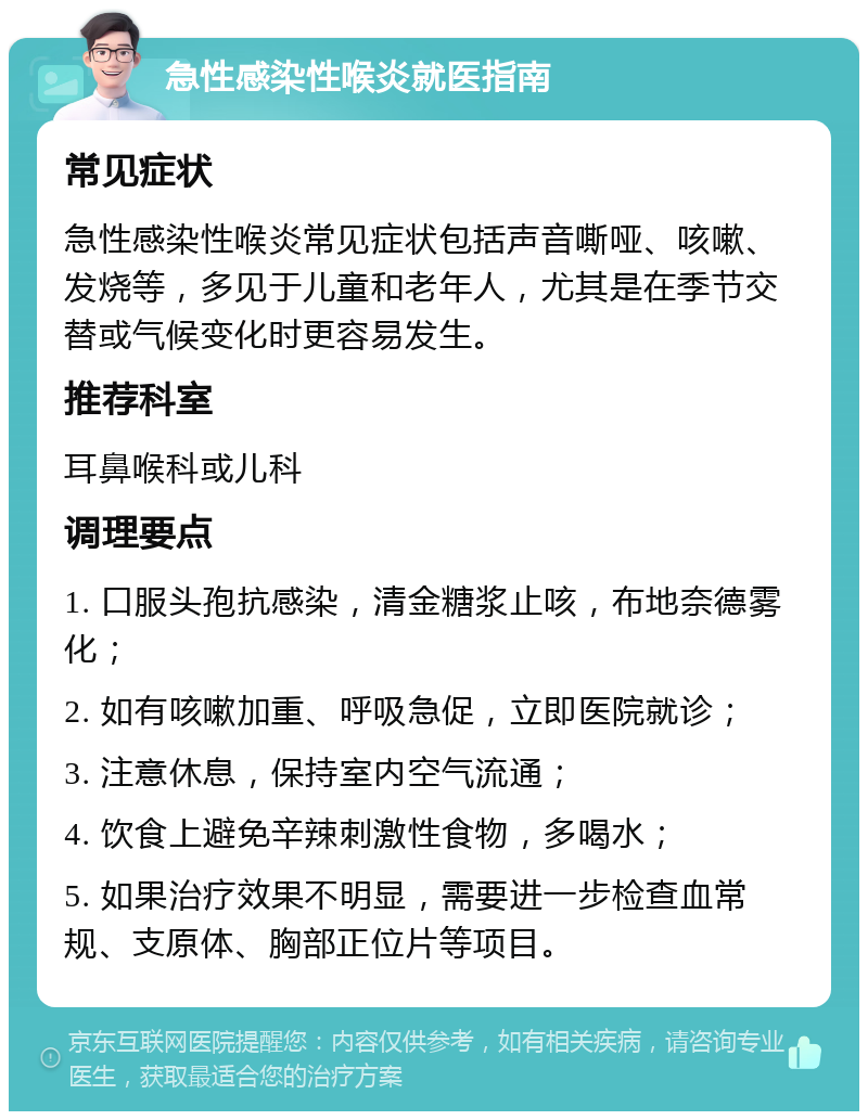 急性感染性喉炎就医指南 常见症状 急性感染性喉炎常见症状包括声音嘶哑、咳嗽、发烧等，多见于儿童和老年人，尤其是在季节交替或气候变化时更容易发生。 推荐科室 耳鼻喉科或儿科 调理要点 1. 口服头孢抗感染，清金糖浆止咳，布地奈德雾化； 2. 如有咳嗽加重、呼吸急促，立即医院就诊； 3. 注意休息，保持室内空气流通； 4. 饮食上避免辛辣刺激性食物，多喝水； 5. 如果治疗效果不明显，需要进一步检查血常规、支原体、胸部正位片等项目。