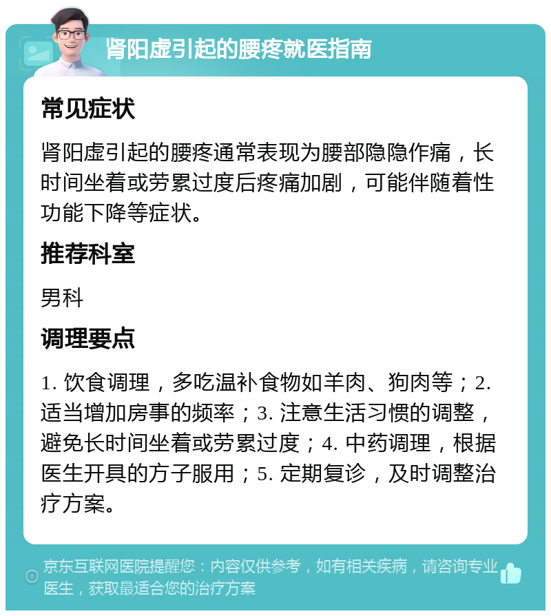 肾阳虚引起的腰疼就医指南 常见症状 肾阳虚引起的腰疼通常表现为腰部隐隐作痛，长时间坐着或劳累过度后疼痛加剧，可能伴随着性功能下降等症状。 推荐科室 男科 调理要点 1. 饮食调理，多吃温补食物如羊肉、狗肉等；2. 适当增加房事的频率；3. 注意生活习惯的调整，避免长时间坐着或劳累过度；4. 中药调理，根据医生开具的方子服用；5. 定期复诊，及时调整治疗方案。