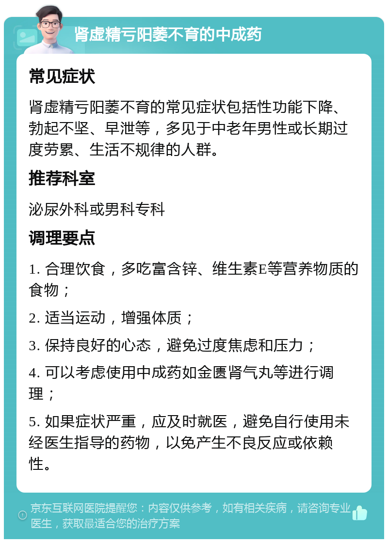 肾虚精亏阳萎不育的中成药 常见症状 肾虚精亏阳萎不育的常见症状包括性功能下降、勃起不坚、早泄等，多见于中老年男性或长期过度劳累、生活不规律的人群。 推荐科室 泌尿外科或男科专科 调理要点 1. 合理饮食，多吃富含锌、维生素E等营养物质的食物； 2. 适当运动，增强体质； 3. 保持良好的心态，避免过度焦虑和压力； 4. 可以考虑使用中成药如金匮肾气丸等进行调理； 5. 如果症状严重，应及时就医，避免自行使用未经医生指导的药物，以免产生不良反应或依赖性。