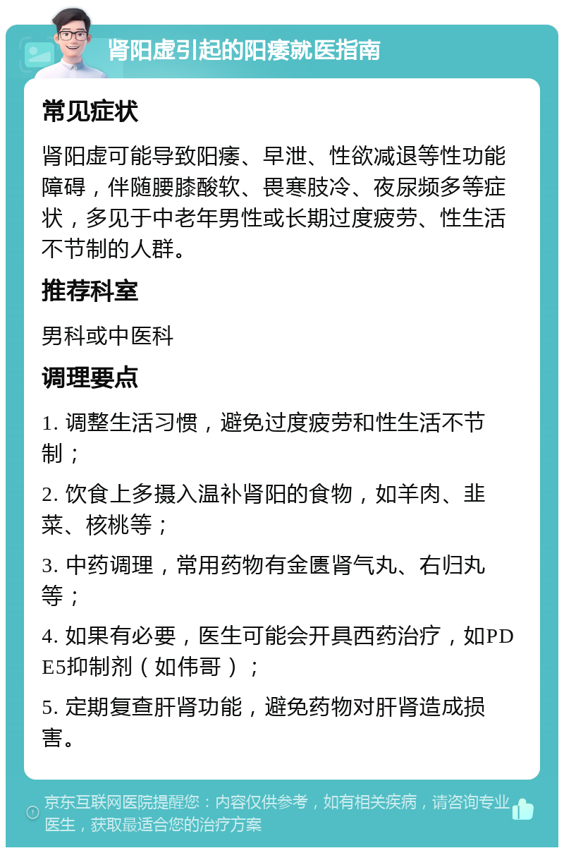 肾阳虚引起的阳痿就医指南 常见症状 肾阳虚可能导致阳痿、早泄、性欲减退等性功能障碍，伴随腰膝酸软、畏寒肢冷、夜尿频多等症状，多见于中老年男性或长期过度疲劳、性生活不节制的人群。 推荐科室 男科或中医科 调理要点 1. 调整生活习惯，避免过度疲劳和性生活不节制； 2. 饮食上多摄入温补肾阳的食物，如羊肉、韭菜、核桃等； 3. 中药调理，常用药物有金匮肾气丸、右归丸等； 4. 如果有必要，医生可能会开具西药治疗，如PDE5抑制剂（如伟哥）； 5. 定期复查肝肾功能，避免药物对肝肾造成损害。