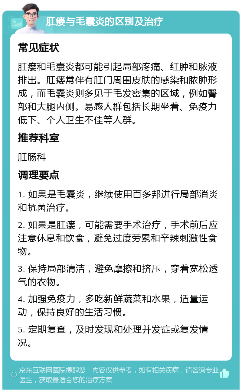 肛瘘与毛囊炎的区别及治疗 常见症状 肛瘘和毛囊炎都可能引起局部疼痛、红肿和脓液排出。肛瘘常伴有肛门周围皮肤的感染和脓肿形成，而毛囊炎则多见于毛发密集的区域，例如臀部和大腿内侧。易感人群包括长期坐着、免疫力低下、个人卫生不佳等人群。 推荐科室 肛肠科 调理要点 1. 如果是毛囊炎，继续使用百多邦进行局部消炎和抗菌治疗。 2. 如果是肛瘘，可能需要手术治疗，手术前后应注意休息和饮食，避免过度劳累和辛辣刺激性食物。 3. 保持局部清洁，避免摩擦和挤压，穿着宽松透气的衣物。 4. 加强免疫力，多吃新鲜蔬菜和水果，适量运动，保持良好的生活习惯。 5. 定期复查，及时发现和处理并发症或复发情况。