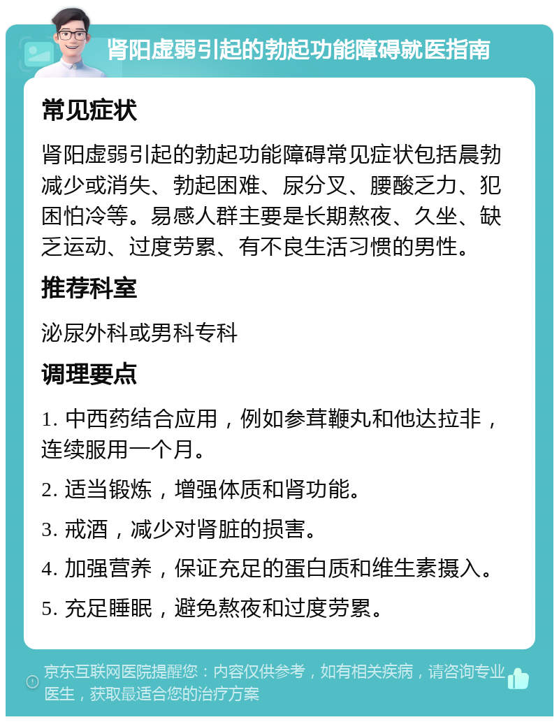 肾阳虚弱引起的勃起功能障碍就医指南 常见症状 肾阳虚弱引起的勃起功能障碍常见症状包括晨勃减少或消失、勃起困难、尿分叉、腰酸乏力、犯困怕冷等。易感人群主要是长期熬夜、久坐、缺乏运动、过度劳累、有不良生活习惯的男性。 推荐科室 泌尿外科或男科专科 调理要点 1. 中西药结合应用，例如参茸鞭丸和他达拉非，连续服用一个月。 2. 适当锻炼，增强体质和肾功能。 3. 戒酒，减少对肾脏的损害。 4. 加强营养，保证充足的蛋白质和维生素摄入。 5. 充足睡眠，避免熬夜和过度劳累。