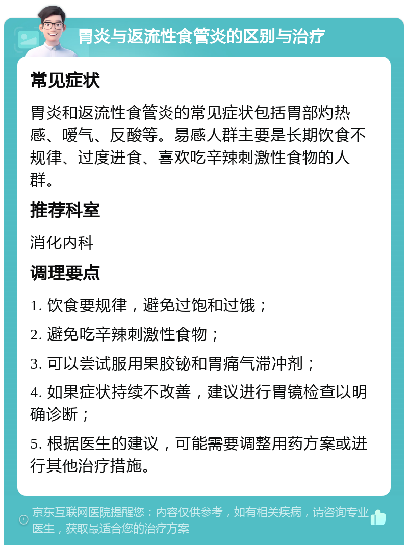 胃炎与返流性食管炎的区别与治疗 常见症状 胃炎和返流性食管炎的常见症状包括胃部灼热感、嗳气、反酸等。易感人群主要是长期饮食不规律、过度进食、喜欢吃辛辣刺激性食物的人群。 推荐科室 消化内科 调理要点 1. 饮食要规律，避免过饱和过饿； 2. 避免吃辛辣刺激性食物； 3. 可以尝试服用果胶铋和胃痛气滞冲剂； 4. 如果症状持续不改善，建议进行胃镜检查以明确诊断； 5. 根据医生的建议，可能需要调整用药方案或进行其他治疗措施。