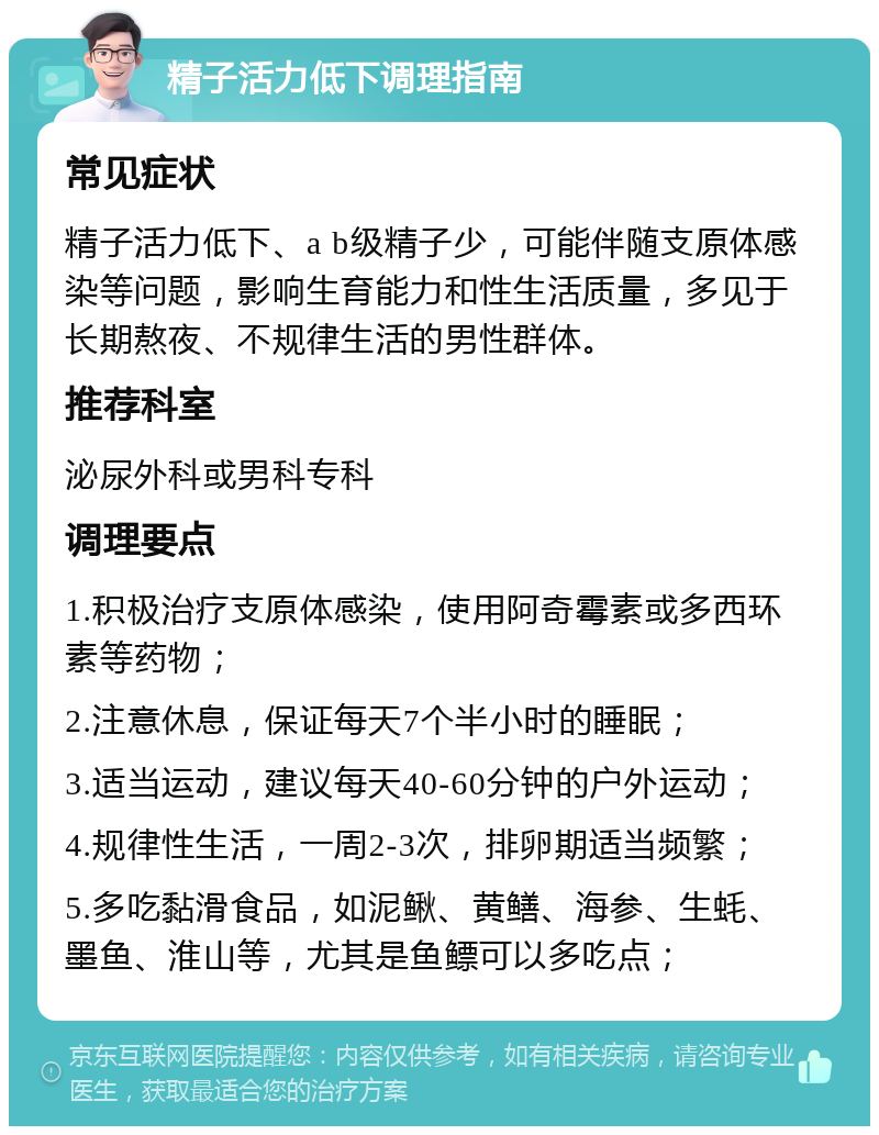 精子活力低下调理指南 常见症状 精子活力低下、a b级精子少，可能伴随支原体感染等问题，影响生育能力和性生活质量，多见于长期熬夜、不规律生活的男性群体。 推荐科室 泌尿外科或男科专科 调理要点 1.积极治疗支原体感染，使用阿奇霉素或多西环素等药物； 2.注意休息，保证每天7个半小时的睡眠； 3.适当运动，建议每天40-60分钟的户外运动； 4.规律性生活，一周2-3次，排卵期适当频繁； 5.多吃黏滑食品，如泥鳅、黄鳝、海参、生蚝、墨鱼、淮山等，尤其是鱼鳔可以多吃点；