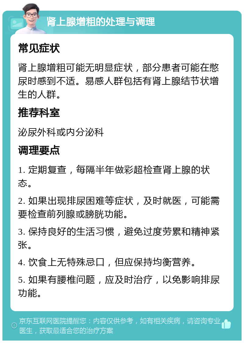 肾上腺增粗的处理与调理 常见症状 肾上腺增粗可能无明显症状，部分患者可能在憋尿时感到不适。易感人群包括有肾上腺结节状增生的人群。 推荐科室 泌尿外科或内分泌科 调理要点 1. 定期复查，每隔半年做彩超检查肾上腺的状态。 2. 如果出现排尿困难等症状，及时就医，可能需要检查前列腺或膀胱功能。 3. 保持良好的生活习惯，避免过度劳累和精神紧张。 4. 饮食上无特殊忌口，但应保持均衡营养。 5. 如果有腰椎问题，应及时治疗，以免影响排尿功能。