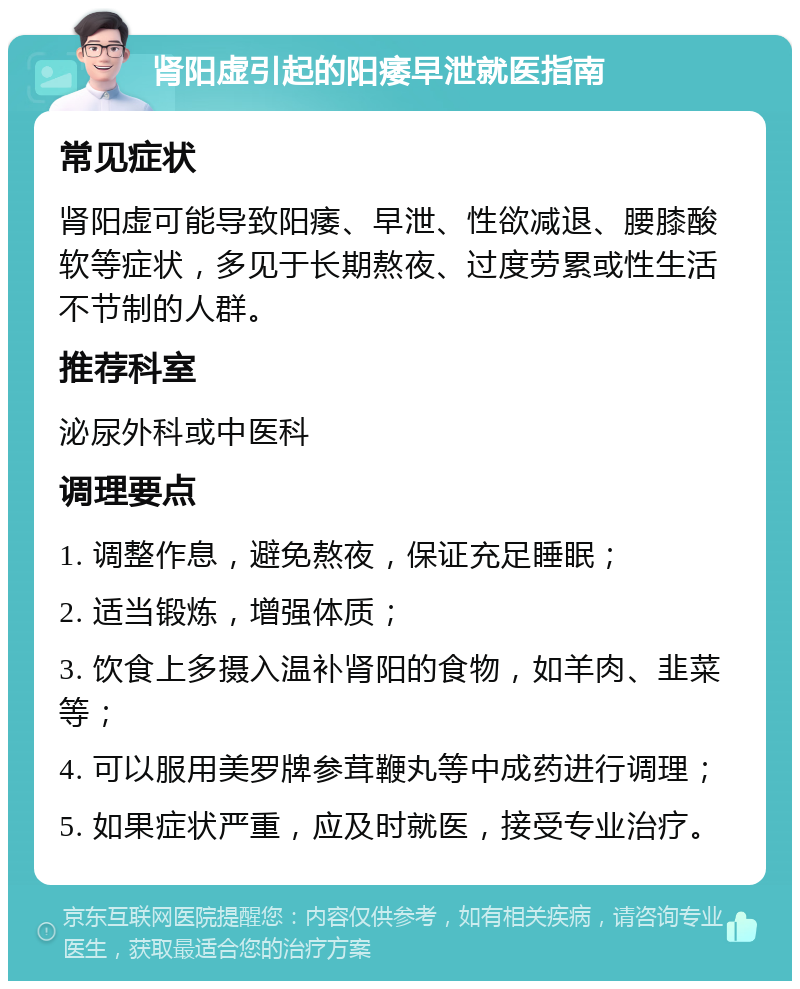 肾阳虚引起的阳痿早泄就医指南 常见症状 肾阳虚可能导致阳痿、早泄、性欲减退、腰膝酸软等症状，多见于长期熬夜、过度劳累或性生活不节制的人群。 推荐科室 泌尿外科或中医科 调理要点 1. 调整作息，避免熬夜，保证充足睡眠； 2. 适当锻炼，增强体质； 3. 饮食上多摄入温补肾阳的食物，如羊肉、韭菜等； 4. 可以服用美罗牌参茸鞭丸等中成药进行调理； 5. 如果症状严重，应及时就医，接受专业治疗。