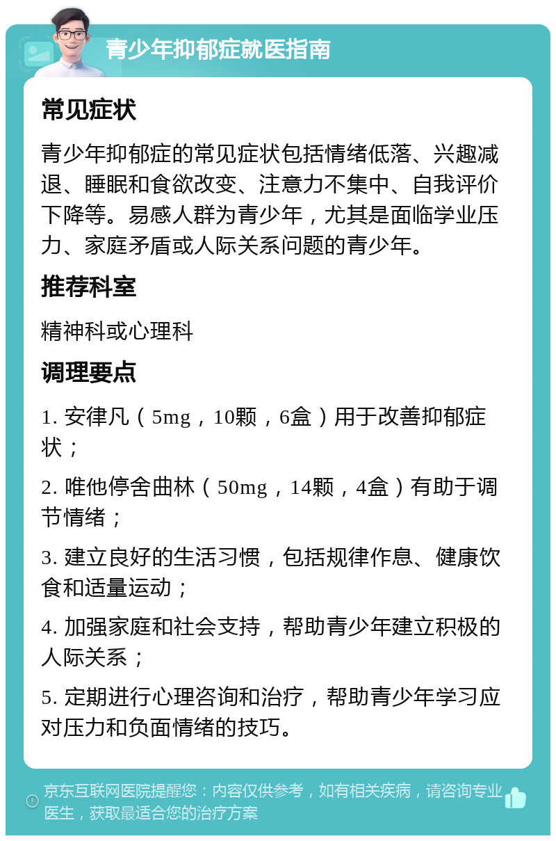 青少年抑郁症就医指南 常见症状 青少年抑郁症的常见症状包括情绪低落、兴趣减退、睡眠和食欲改变、注意力不集中、自我评价下降等。易感人群为青少年，尤其是面临学业压力、家庭矛盾或人际关系问题的青少年。 推荐科室 精神科或心理科 调理要点 1. 安律凡（5mg，10颗，6盒）用于改善抑郁症状； 2. 唯他停舍曲林（50mg，14颗，4盒）有助于调节情绪； 3. 建立良好的生活习惯，包括规律作息、健康饮食和适量运动； 4. 加强家庭和社会支持，帮助青少年建立积极的人际关系； 5. 定期进行心理咨询和治疗，帮助青少年学习应对压力和负面情绪的技巧。