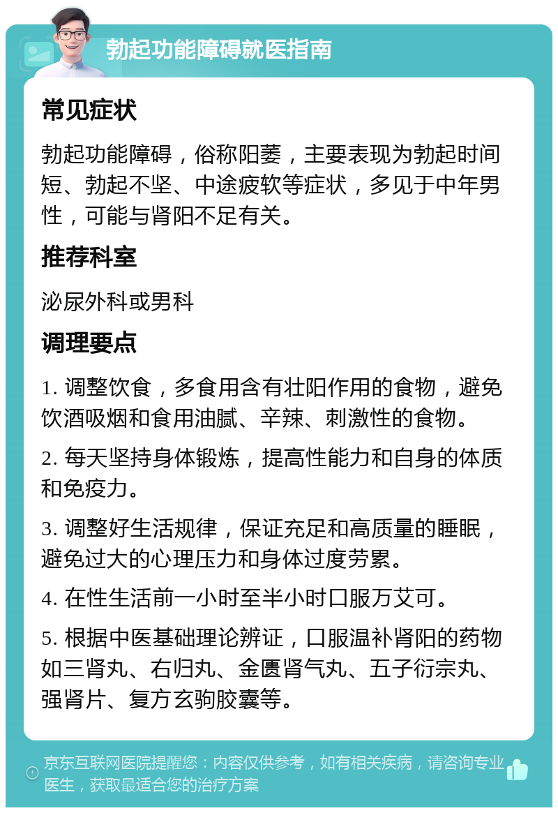 勃起功能障碍就医指南 常见症状 勃起功能障碍，俗称阳萎，主要表现为勃起时间短、勃起不坚、中途疲软等症状，多见于中年男性，可能与肾阳不足有关。 推荐科室 泌尿外科或男科 调理要点 1. 调整饮食，多食用含有壮阳作用的食物，避免饮酒吸烟和食用油腻、辛辣、刺激性的食物。 2. 每天坚持身体锻炼，提高性能力和自身的体质和免疫力。 3. 调整好生活规律，保证充足和高质量的睡眠，避免过大的心理压力和身体过度劳累。 4. 在性生活前一小时至半小时口服万艾可。 5. 根据中医基础理论辨证，口服温补肾阳的药物如三肾丸、右归丸、金匮肾气丸、五子衍宗丸、强肾片、复方玄驹胶囊等。