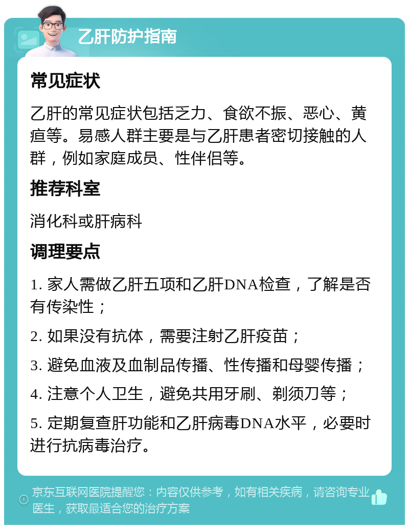 乙肝防护指南 常见症状 乙肝的常见症状包括乏力、食欲不振、恶心、黄疸等。易感人群主要是与乙肝患者密切接触的人群，例如家庭成员、性伴侣等。 推荐科室 消化科或肝病科 调理要点 1. 家人需做乙肝五项和乙肝DNA检查，了解是否有传染性； 2. 如果没有抗体，需要注射乙肝疫苗； 3. 避免血液及血制品传播、性传播和母婴传播； 4. 注意个人卫生，避免共用牙刷、剃须刀等； 5. 定期复查肝功能和乙肝病毒DNA水平，必要时进行抗病毒治疗。