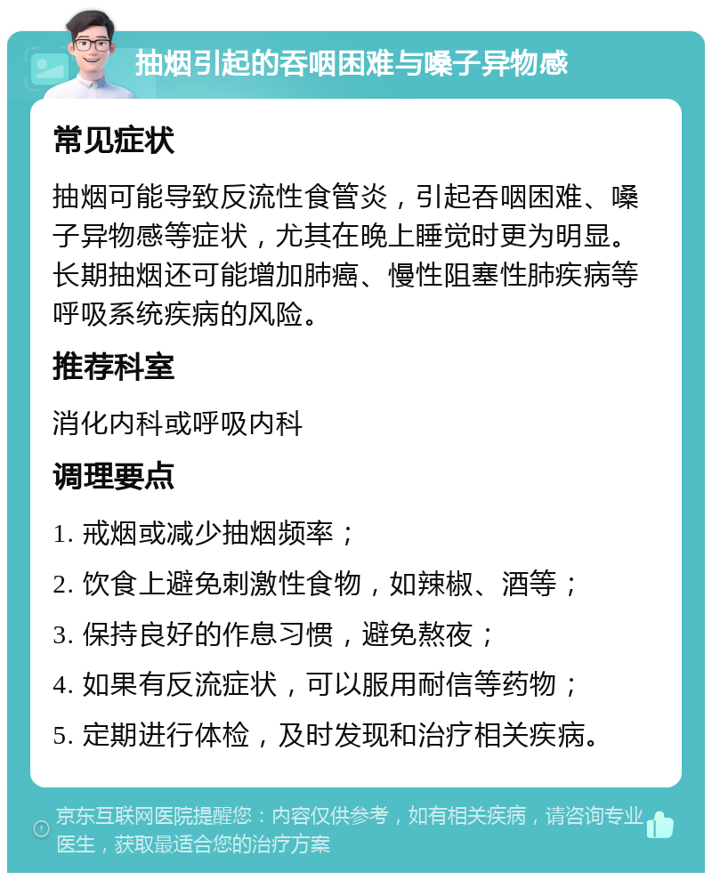 抽烟引起的吞咽困难与嗓子异物感 常见症状 抽烟可能导致反流性食管炎，引起吞咽困难、嗓子异物感等症状，尤其在晚上睡觉时更为明显。长期抽烟还可能增加肺癌、慢性阻塞性肺疾病等呼吸系统疾病的风险。 推荐科室 消化内科或呼吸内科 调理要点 1. 戒烟或减少抽烟频率； 2. 饮食上避免刺激性食物，如辣椒、酒等； 3. 保持良好的作息习惯，避免熬夜； 4. 如果有反流症状，可以服用耐信等药物； 5. 定期进行体检，及时发现和治疗相关疾病。