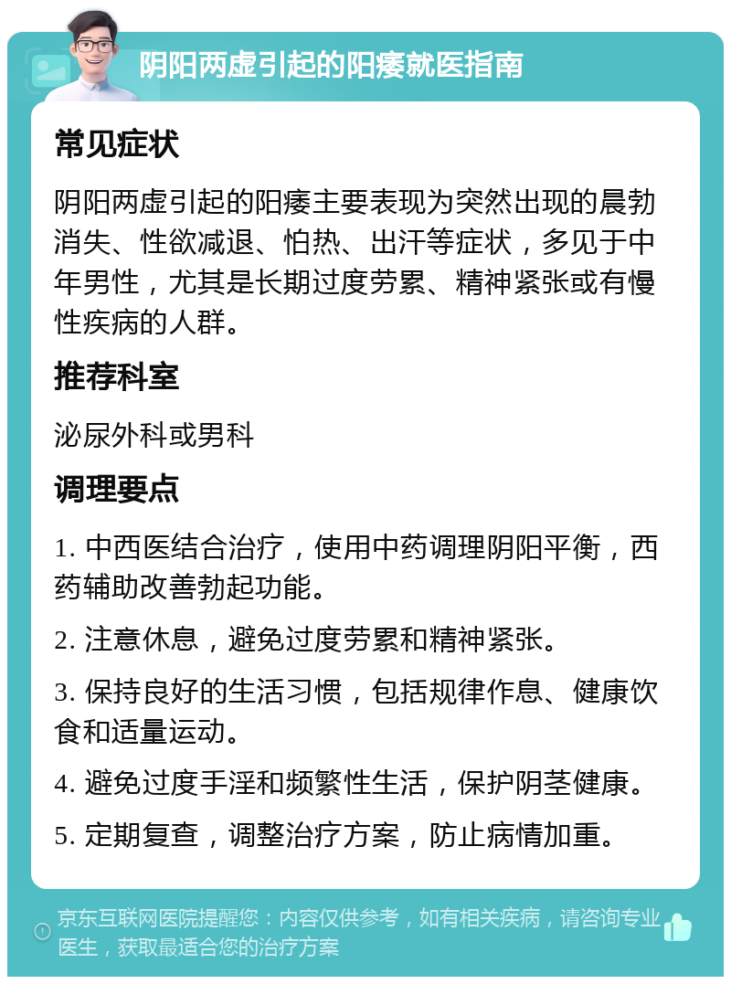 阴阳两虚引起的阳痿就医指南 常见症状 阴阳两虚引起的阳痿主要表现为突然出现的晨勃消失、性欲减退、怕热、出汗等症状，多见于中年男性，尤其是长期过度劳累、精神紧张或有慢性疾病的人群。 推荐科室 泌尿外科或男科 调理要点 1. 中西医结合治疗，使用中药调理阴阳平衡，西药辅助改善勃起功能。 2. 注意休息，避免过度劳累和精神紧张。 3. 保持良好的生活习惯，包括规律作息、健康饮食和适量运动。 4. 避免过度手淫和频繁性生活，保护阴茎健康。 5. 定期复查，调整治疗方案，防止病情加重。