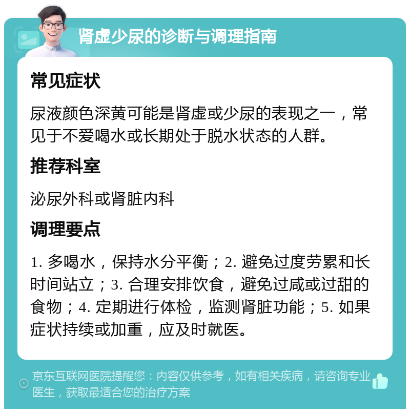 肾虚少尿的诊断与调理指南 常见症状 尿液颜色深黄可能是肾虚或少尿的表现之一，常见于不爱喝水或长期处于脱水状态的人群。 推荐科室 泌尿外科或肾脏内科 调理要点 1. 多喝水，保持水分平衡；2. 避免过度劳累和长时间站立；3. 合理安排饮食，避免过咸或过甜的食物；4. 定期进行体检，监测肾脏功能；5. 如果症状持续或加重，应及时就医。