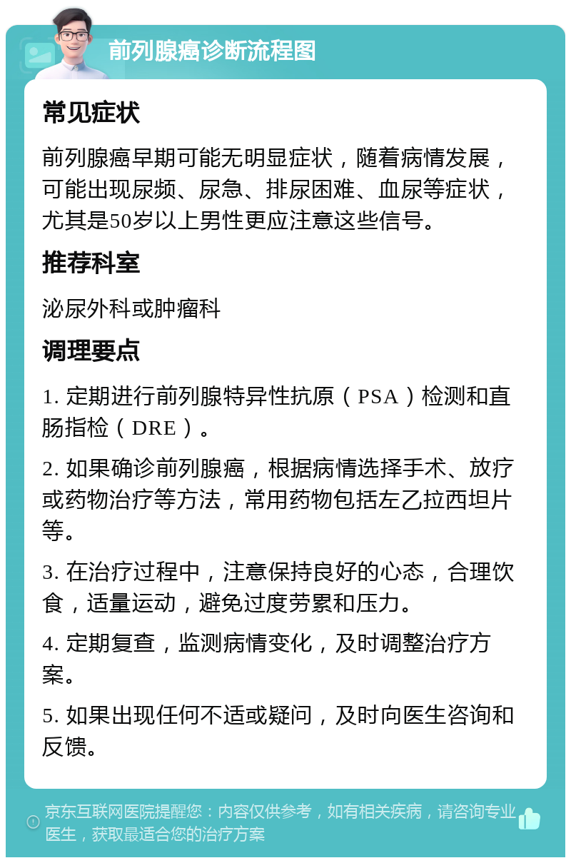 前列腺癌诊断流程图 常见症状 前列腺癌早期可能无明显症状，随着病情发展，可能出现尿频、尿急、排尿困难、血尿等症状，尤其是50岁以上男性更应注意这些信号。 推荐科室 泌尿外科或肿瘤科 调理要点 1. 定期进行前列腺特异性抗原（PSA）检测和直肠指检（DRE）。 2. 如果确诊前列腺癌，根据病情选择手术、放疗或药物治疗等方法，常用药物包括左乙拉西坦片等。 3. 在治疗过程中，注意保持良好的心态，合理饮食，适量运动，避免过度劳累和压力。 4. 定期复查，监测病情变化，及时调整治疗方案。 5. 如果出现任何不适或疑问，及时向医生咨询和反馈。