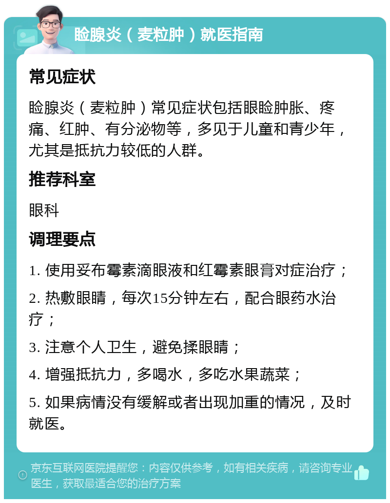 睑腺炎（麦粒肿）就医指南 常见症状 睑腺炎（麦粒肿）常见症状包括眼睑肿胀、疼痛、红肿、有分泌物等，多见于儿童和青少年，尤其是抵抗力较低的人群。 推荐科室 眼科 调理要点 1. 使用妥布霉素滴眼液和红霉素眼膏对症治疗； 2. 热敷眼睛，每次15分钟左右，配合眼药水治疗； 3. 注意个人卫生，避免揉眼睛； 4. 增强抵抗力，多喝水，多吃水果蔬菜； 5. 如果病情没有缓解或者出现加重的情况，及时就医。